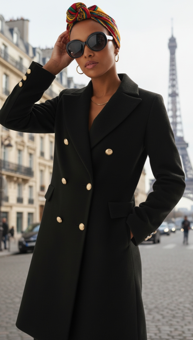 Czarna dwurzędowa dyplomatka płaszcz z wełny. Długość w kolano. Zapinana na złote guziki. Must have.