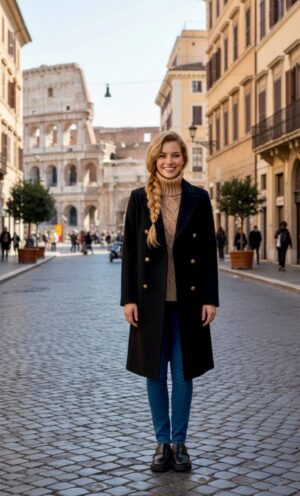 Dwurzędowa wełniana dyplomatka płaszcz. Długość w kolano. Ocieplany. Klasyczny, minimalistyczny krój.