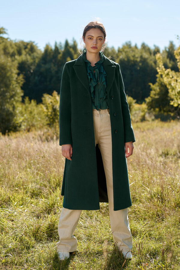 Bottle green women's coat with buttons and belt