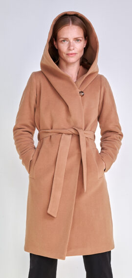 damski płaszcz z kapturem zimowy w kolorze kamel
