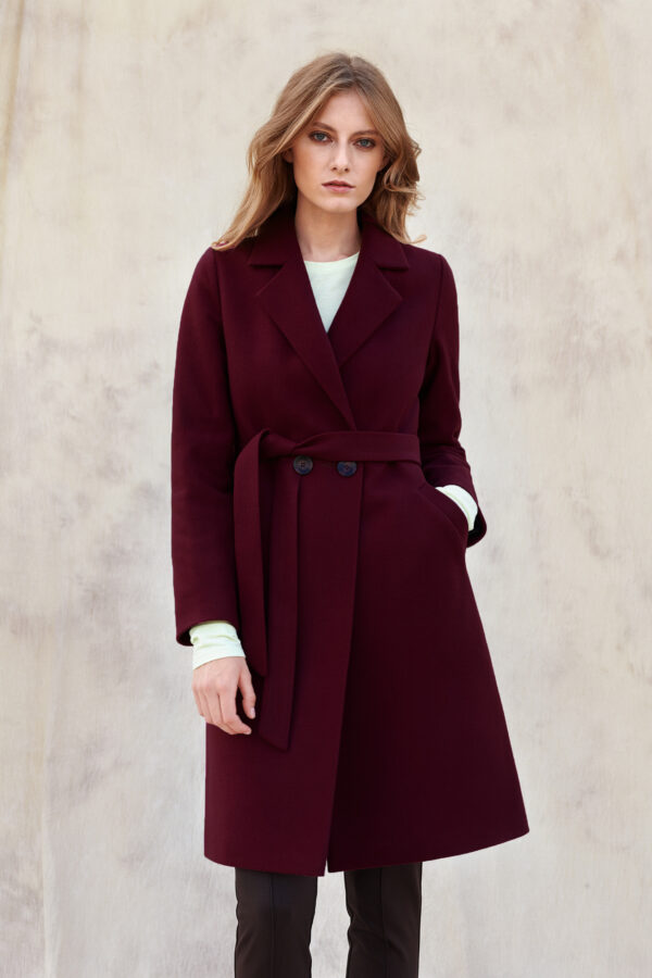 Knee - length coat in dark wine color