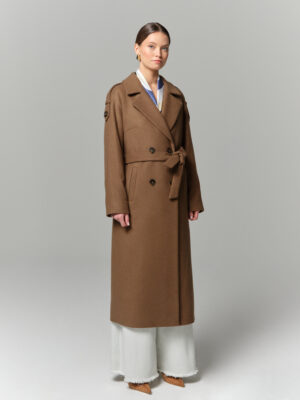 Brązowy długi plaszcz przejściowy wełniany. Raglanowy rękaw. Pagony.