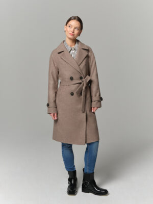 Dwurzędowy płaszcz przejściowy z wełną o uniwersalnej długości do kolan. W modnym bazowym kolorze mokka melanż.
