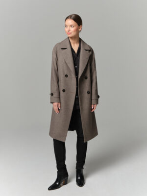 Lekki płaszcz przejściowy w jodełkę. Długość w kolano. Wiązany. Styl vintage.