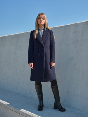 Granatowy płaszcz z mieszanki wełny. Wiązany. Długość w kolano. Midnight Navy.