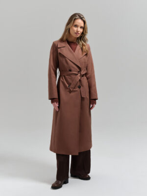 Długi bawełniany trencz damski o minimalistycznym kroju w brązowym brązie. Produkt premium.