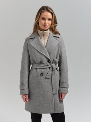 Dwurzędowy, krótki płaszcz z wełną szary diagonal. Wiązany, dopasowany krój.